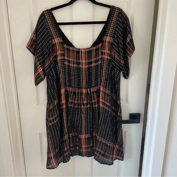 Free People Black Orange Plaid Mini Dress Oversized Baby Doll - Picture 2 of 10